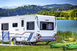 rv parked next to a lake